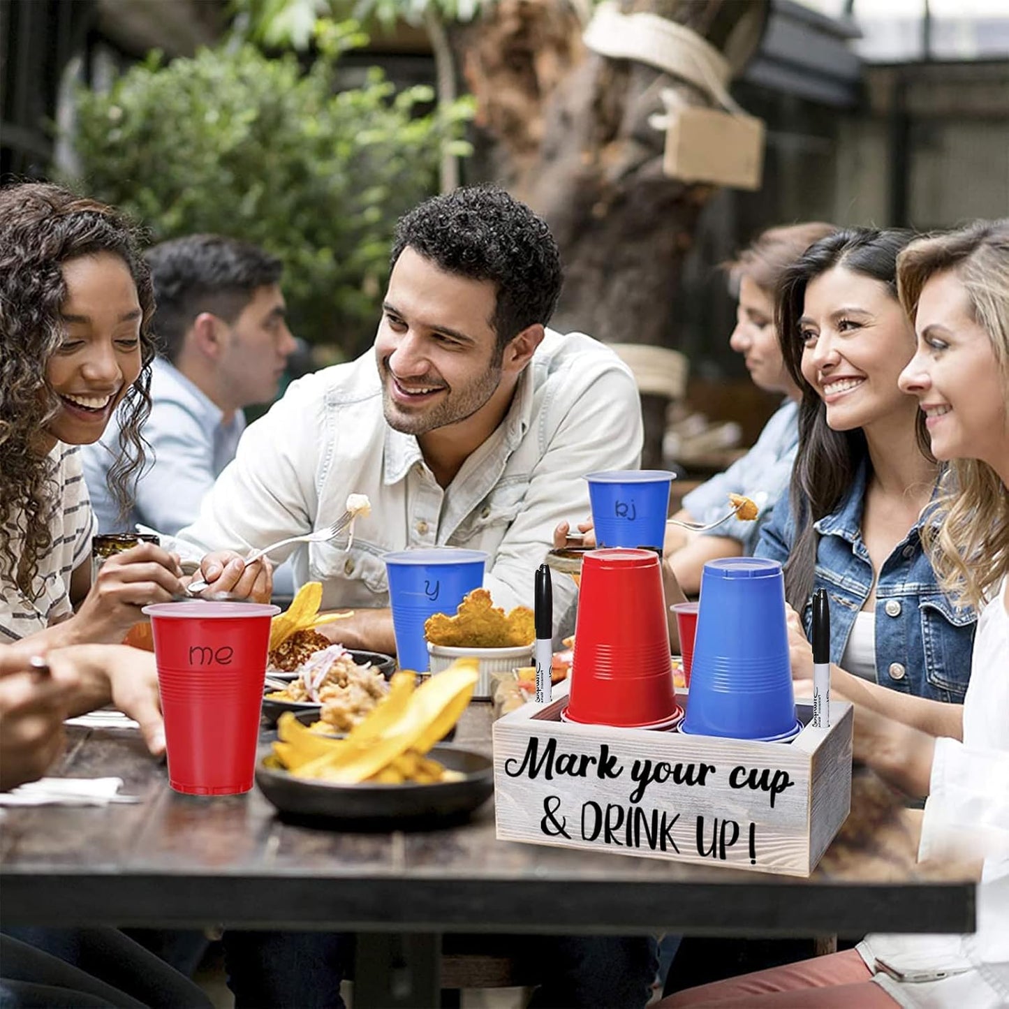 Wooden Cup Holder with Marker Slot Mark Your Cup and Drink up Disposable Plastic Cup Organizer & Dispenser for Hosting Party Essentials- Farmhouse Bar Party Decor Housewarming Hostess