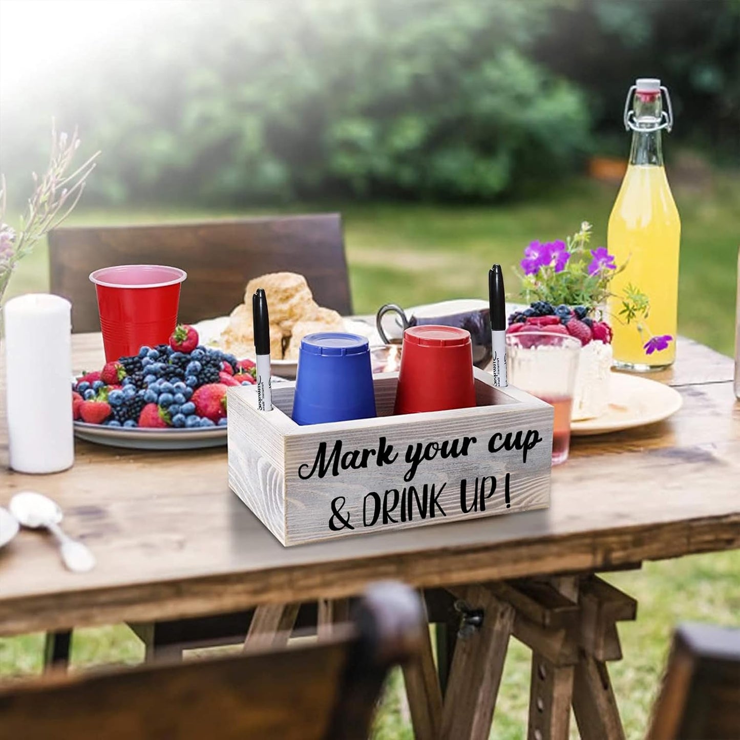Wooden Cup Holder with Marker Slot Mark Your Cup and Drink up Disposable Plastic Cup Organizer & Dispenser for Hosting Party Essentials- Farmhouse Bar Party Decor Housewarming Hostess