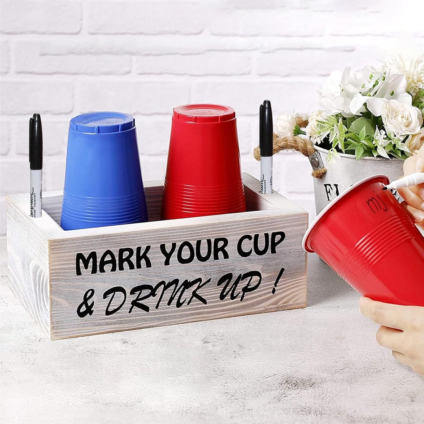 Wooden Cup Holder with Marker Slot Mark Your Cup and Drink up Disposable Plastic Cup Organizer & Dispenser for Hosting Party Essentials- Farmhouse Bar Party Decor Housewarming Hostess