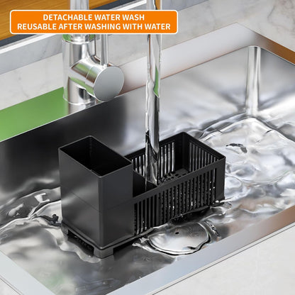 Rustproof Kitchen Sink Organizer for Countertop,Multifunctional Sink Organizer Caddy & Organization,Scrub Brush and Sponge Holder,Plastic Sink Storage Rack,Sponge Drain Rack,Dish Soap Dispenser,Black