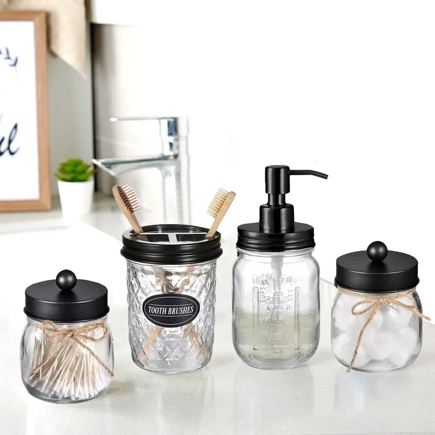 Premium Mason Jar Bathroom Accessories Set (4PCS) - Lotion Soap Dispenser,Toothbrush Holder,2 Apothecary Jars- Rustic Farmhouse Decor (Black)
