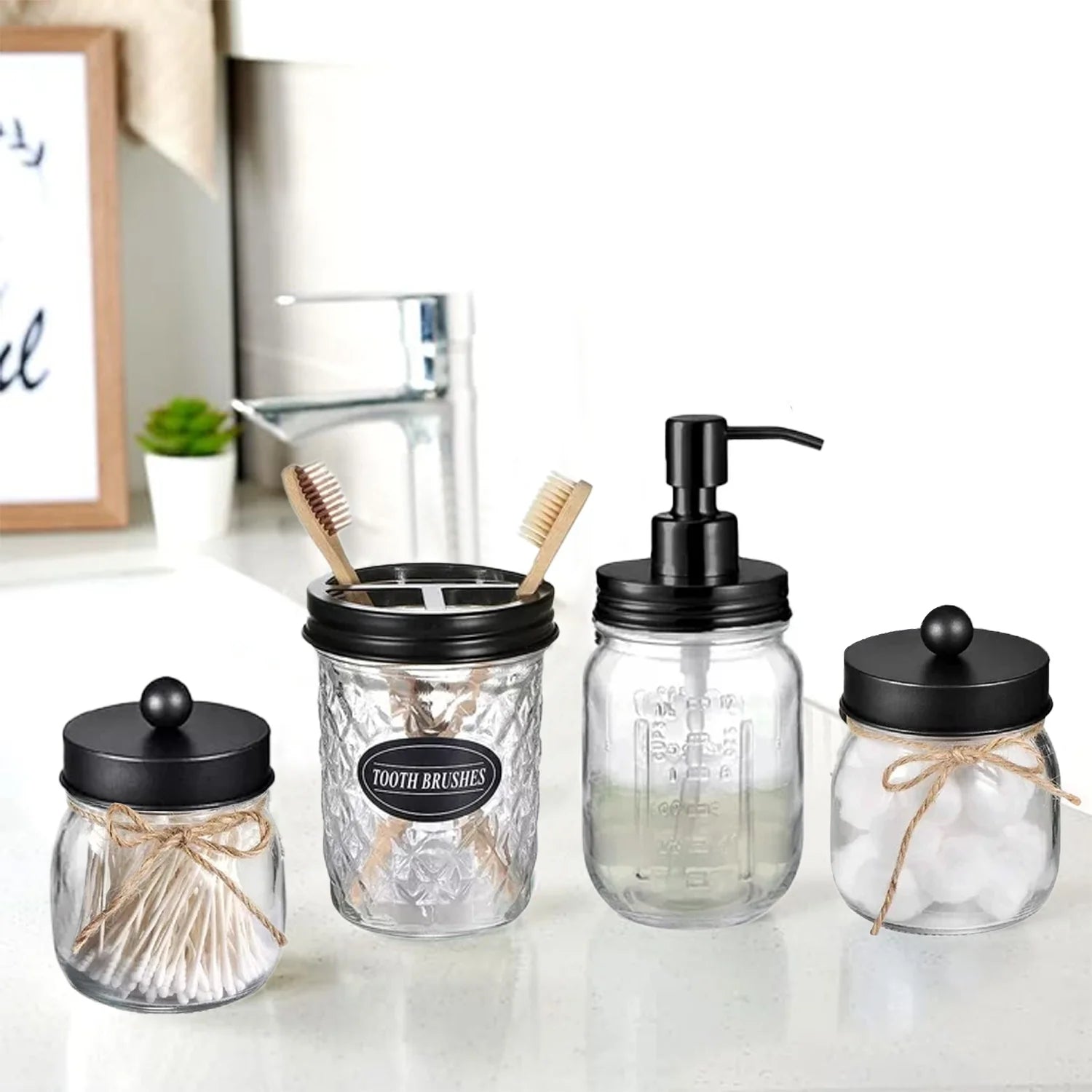 Premium Mason Jar Bathroom Accessories Set (4PCS) - Lotion Soap Dispenser,Toothbrush Holder,2 Apothecary Jars- Rustic Farmhouse Decor (Black)