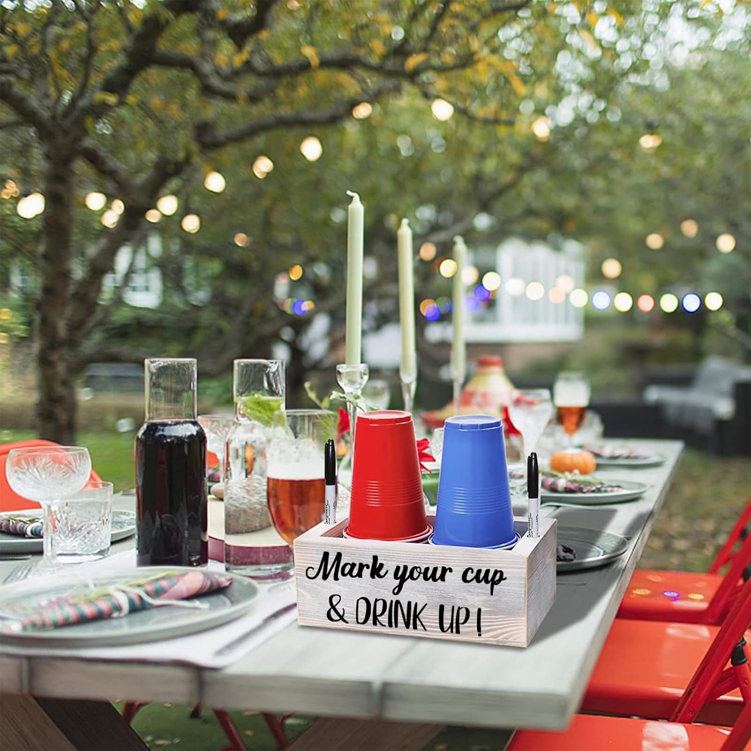 Wooden Cup Holder with Marker Slot Mark Your Cup and Drink up Disposable Plastic Cup Organizer & Dispenser for Hosting Party Essentials- Farmhouse Bar Party Decor Housewarming Hostess