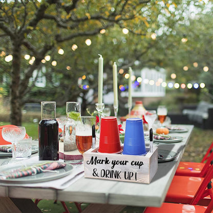 Wooden Cup Holder with Marker Slot Mark Your Cup and Drink up Disposable Plastic Cup Organizer & Dispenser for Hosting Party Essentials- Farmhouse Bar Party Decor Housewarming Hostess