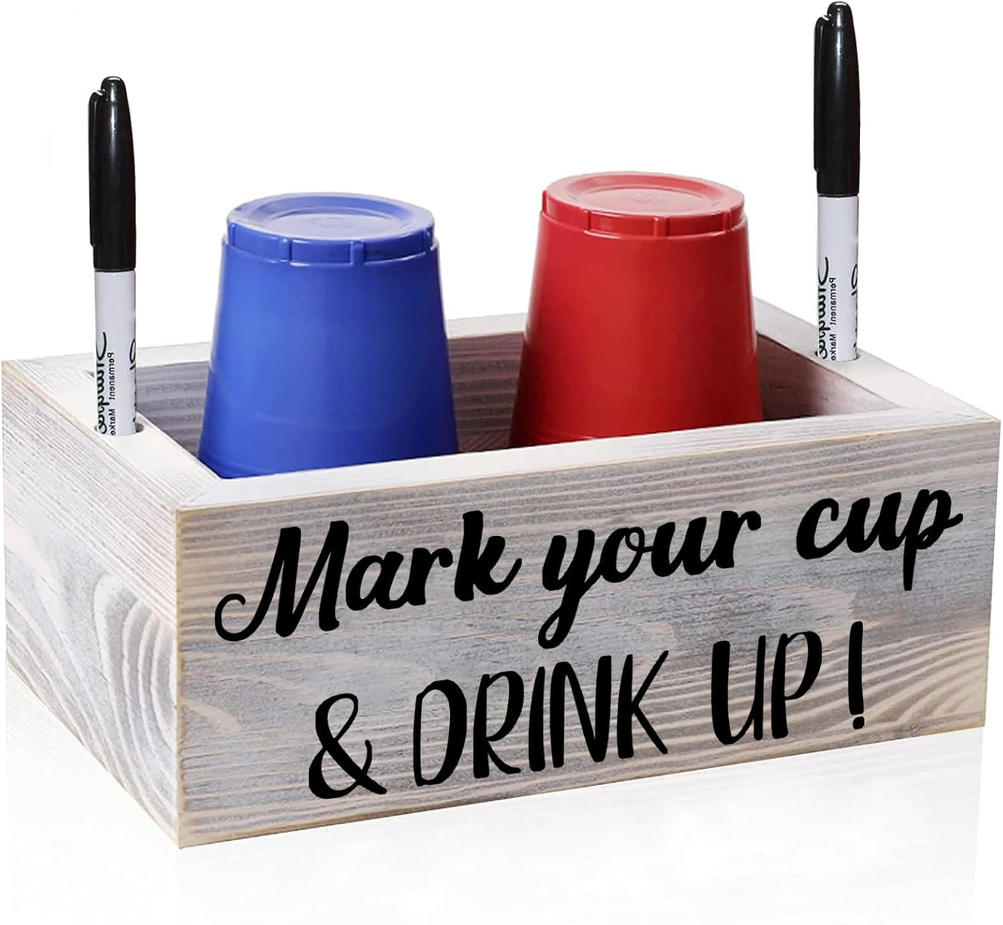 Wooden Cup Holder with Marker Slot Mark Your Cup and Drink up Disposable Plastic Cup Organizer & Dispenser for Hosting Party Essentials- Farmhouse Bar Party Decor Housewarming Hostess