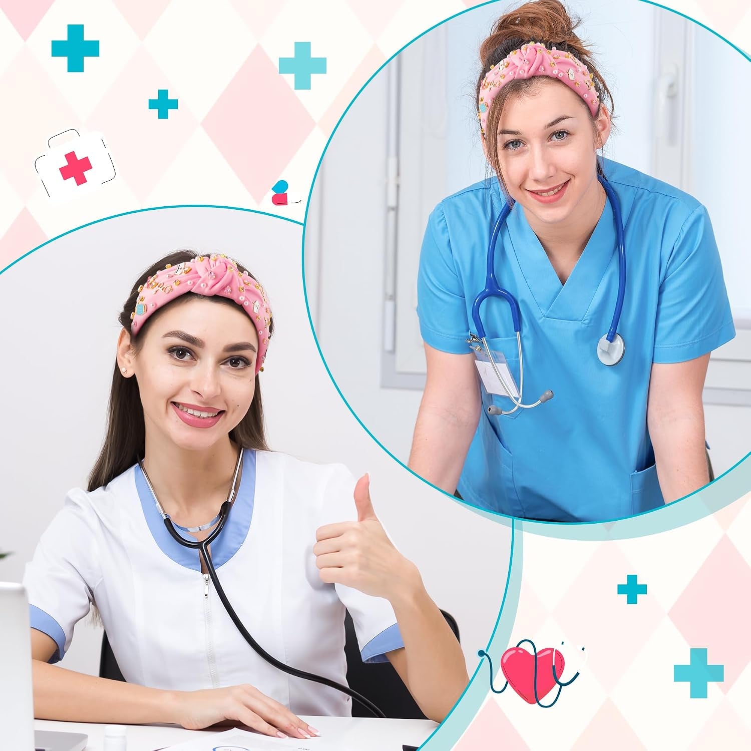 Nurse Jeweled Knotted Headband - Christmas Nurse Day Gift Medical Mask Rhinestone Crystal Pearl Embellished Headband Wide Top Knot Hair Accessories for Doctor Nursing Student Women Girl (Pink)