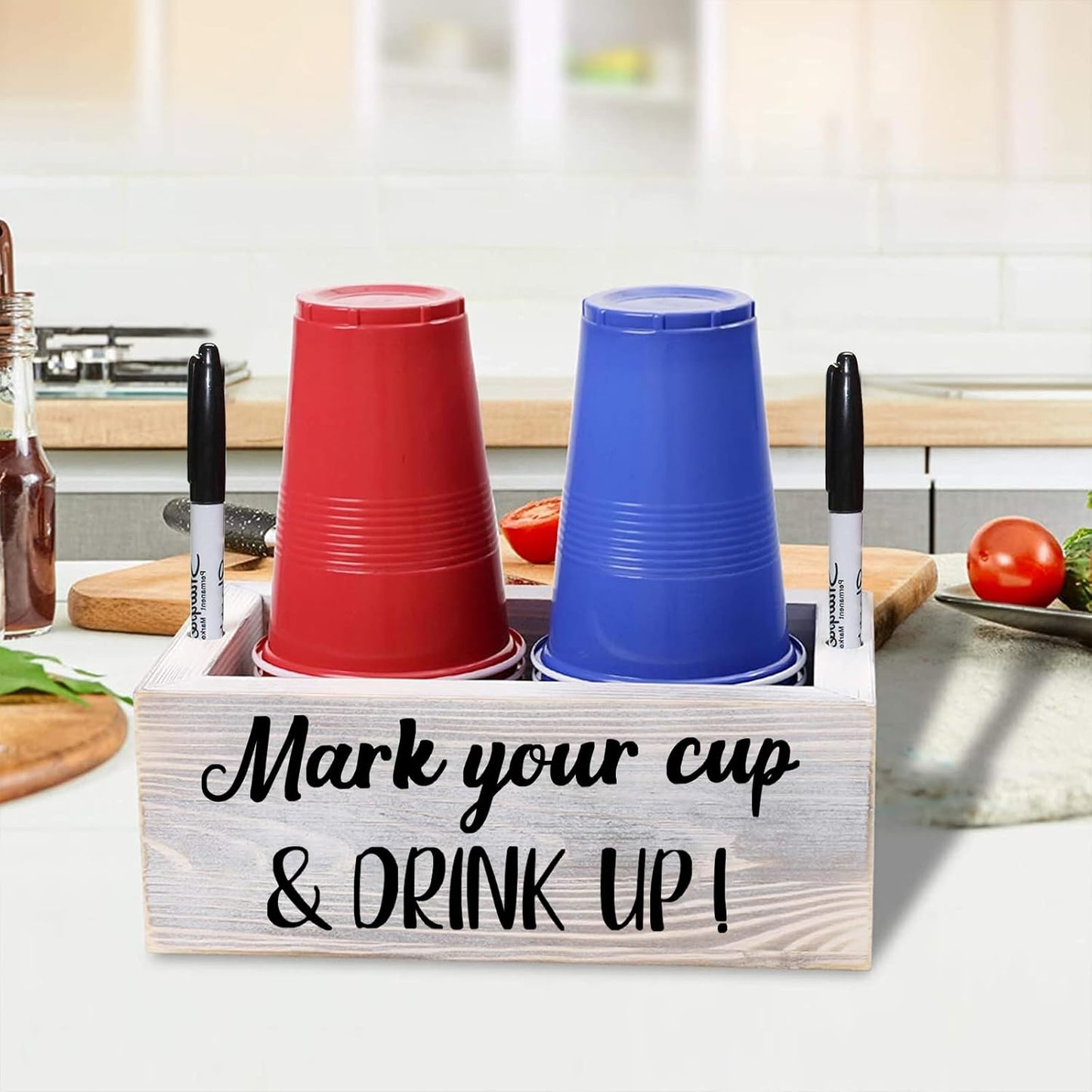 Wooden Cup Holder with Marker Slot Mark Your Cup and Drink up Disposable Plastic Cup Organizer & Dispenser for Hosting Party Essentials- Farmhouse Bar Party Decor Housewarming Hostess
