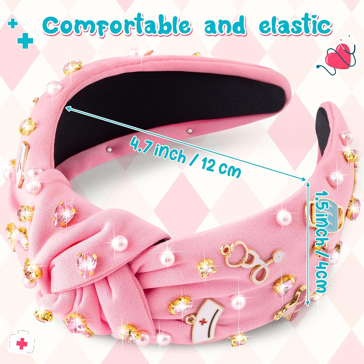 Nurse Jeweled Knotted Headband - Christmas Nurse Day Gift Medical Mask Rhinestone Crystal Pearl Embellished Headband Wide Top Knot Hair Accessories for Doctor Nursing Student Women Girl (Pink)
