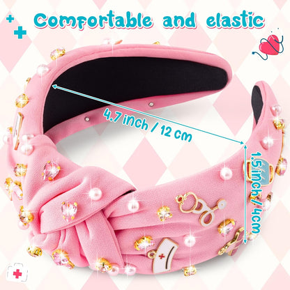 Nurse Jeweled Knotted Headband - Christmas Nurse Day Gift Medical Mask Rhinestone Crystal Pearl Embellished Headband Wide Top Knot Hair Accessories for Doctor Nursing Student Women Girl (Pink)