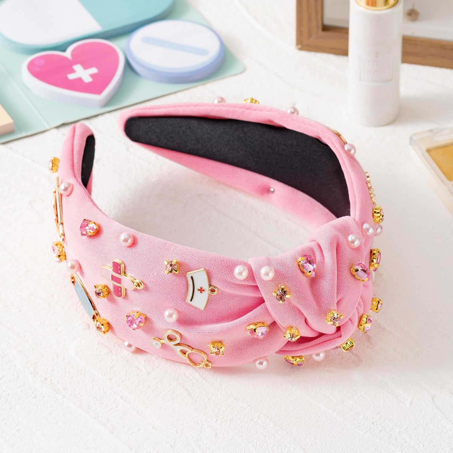 Nurse Jeweled Knotted Headband - Christmas Nurse Day Gift Medical Mask Rhinestone Crystal Pearl Embellished Headband Wide Top Knot Hair Accessories for Doctor Nursing Student Women Girl (Pink)