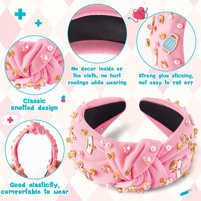 Nurse Jeweled Knotted Headband - Christmas Nurse Day Gift Medical Mask Rhinestone Crystal Pearl Embellished Headband Wide Top Knot Hair Accessories for Doctor Nursing Student Women Girl (Pink)