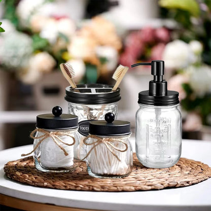 Premium Mason Jar Bathroom Accessories Set (4PCS) - Lotion Soap Dispenser,Toothbrush Holder,2 Apothecary Jars- Rustic Farmhouse Decor (Black)