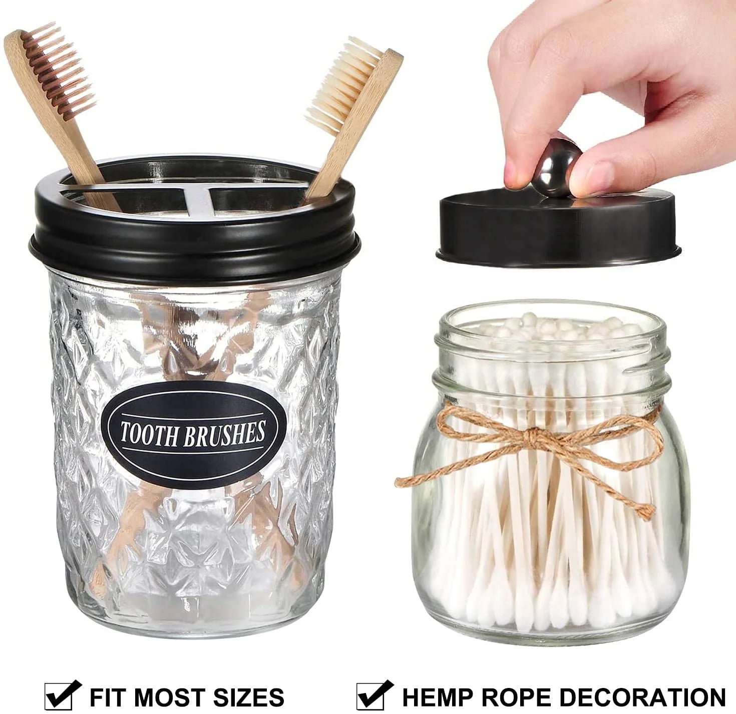 Premium Mason Jar Bathroom Accessories Set (4PCS) - Lotion Soap Dispenser,Toothbrush Holder,2 Apothecary Jars- Rustic Farmhouse Decor (Black)