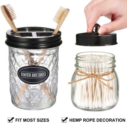 Premium Mason Jar Bathroom Accessories Set (4PCS) - Lotion Soap Dispenser,Toothbrush Holder,2 Apothecary Jars- Rustic Farmhouse Decor (Black)