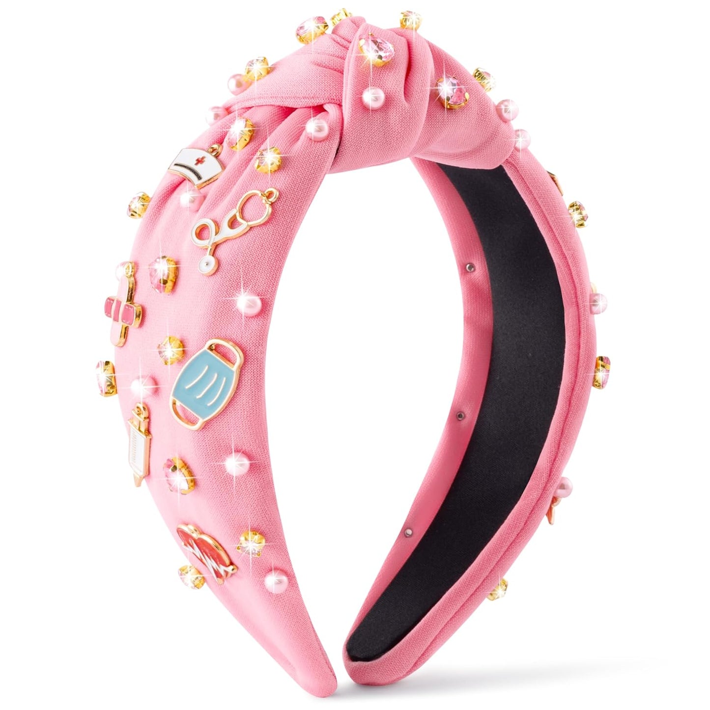 Nurse Jeweled Knotted Headband - Christmas Nurse Day Gift Medical Mask Rhinestone Crystal Pearl Embellished Headband Wide Top Knot Hair Accessories for Doctor Nursing Student Women Girl (Pink)